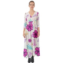 Flowers Leaves Pattern Art Bloom Button Up Boho Maxi Dress by Grandong