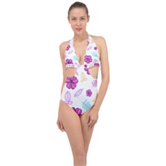 Flowers Leaves Pattern Art Bloom Halter Front Plunge Swimsuit by Grandong