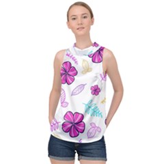 Flowers Leaves Pattern Art Bloom High Neck Satin Top by Grandong