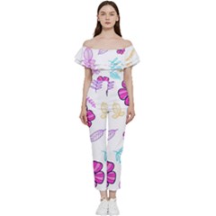 Flowers Leaves Pattern Art Bloom Bardot Ruffle Jumpsuit by Grandong