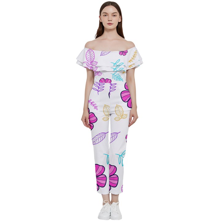 Flowers Leaves Pattern Art Bloom Bardot Ruffle jumpsuit