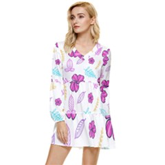 Flowers Leaves Pattern Art Bloom Tiered Long Sleeve Mini Dress by Grandong