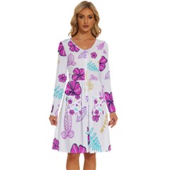 Flowers Leaves Pattern Art Bloom Long Sleeve Dress With Pocket by Grandong