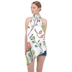 Line Floral Art Pattern Ornament Halter Asymmetric Satin Top by Grandong