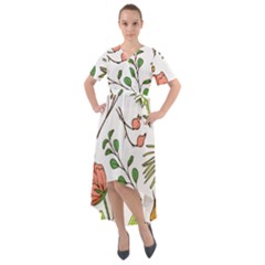 Line Floral Art Pattern Ornament Front Wrap High Low Dress