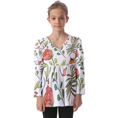 Line Floral Art Pattern Ornament Kids  V Neck Casual Top by Grandong