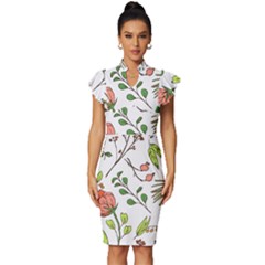 Line Floral Art Pattern Ornament Vintage Frill Sleeve V-neck Bodycon Dress