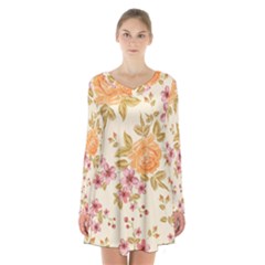 Peony Flower Pattern Background Long Sleeve Velvet V-neck Dress