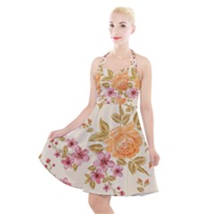 Peony Flower Pattern Background Halter Party Swing Dress 