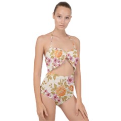 Peony Flower Pattern Background Scallop Top Cut Out Swimsuit by Grandong