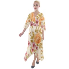 Peony Flower Pattern Background Quarter Sleeve Wrap Front Maxi Dress by Grandong