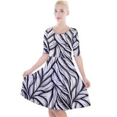 Black White Flower Texture Pattern Quarter Sleeve A-line Dress by Grandong