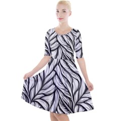 Black White Flower Texture Pattern Quarter Sleeve A-line Dress With Pockets by Grandong