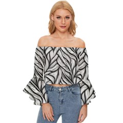 Black White Flower Texture Pattern Off Shoulder Flutter Bell Sleeve Top