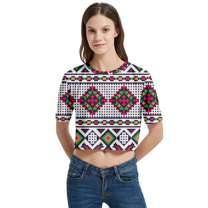 Ukrainian Folk Seamless Pattern Ethnic Ornament Border Element Traditional Women s Round Neck Short Sleeve Crop Top