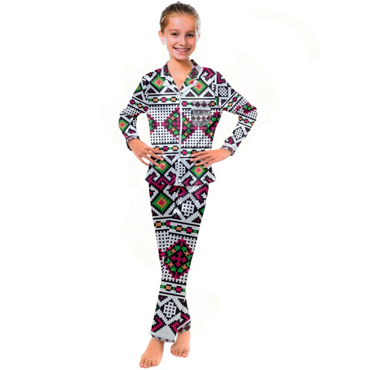 Ukrainian Folk Seamless Pattern Ethnic Ornament Border Element Traditional Kids  Satin Long Sleeve Pajamas Set