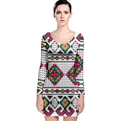 Ukrainian Folk Seamless Pattern Ethnic Ornament Border Element Traditional Long Sleeve Bodycon Dress