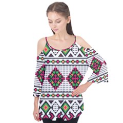 Ukrainian Folk Seamless Pattern Ethnic Ornament Border Element Traditional Flutter Sleeve T-shirt