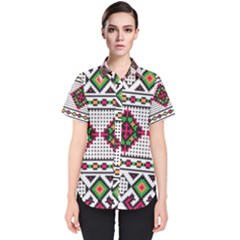 Ukrainian Folk Seamless Pattern Ethnic Ornament Border Element Traditional Women s Short Sleeve Shirt