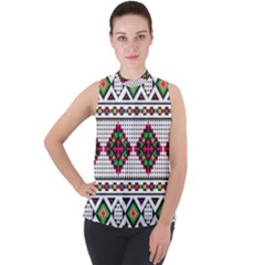 Ukrainian Folk Seamless Pattern Ethnic Ornament Border Element Traditional Mock Neck Chiffon Sleeveless Top