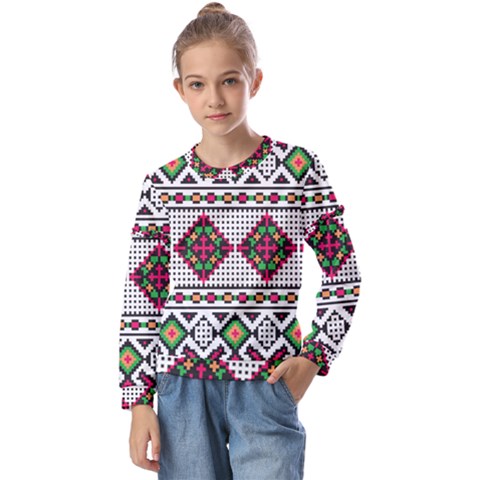 Ukrainian Folk Seamless Pattern Ethnic Ornament Border Element Traditional Kids  Long Sleeve T-shirt With Frill  by Grandong