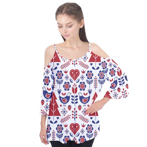 Scandinavian Folk Seamless Pattern Flutter Sleeve T-shirt by Grandong