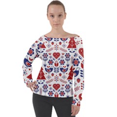 Scandinavian Folk Seamless Pattern Off Shoulder Long Sleeve Velour Top by Grandong