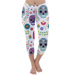 Mexican Floral With Skull Seamless Pattern Capri Winter Leggings 