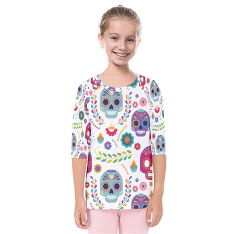 Mexican Floral With Skull Seamless Pattern Kids  Quarter Sleeve Raglan T-shirt by Grandong