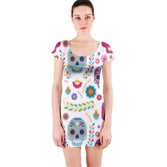 Mexican Floral With Skull Seamless Pattern Short Sleeve Bodycon Dress