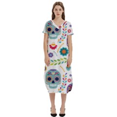 Mexican Floral With Skull Seamless Pattern T-shirt Midi Dress With Pockets by Grandong