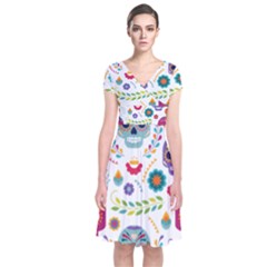 Mexican Floral With Skull Seamless Pattern Short Sleeve Front Wrap Dress by Grandong