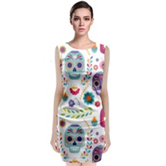 Mexican Floral With Skull Seamless Pattern Sleeveless Velvet Midi Dress