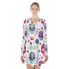 Mexican Floral With Skull Seamless Pattern Long Sleeve Velvet V-neck Dress