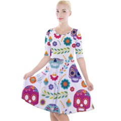 Mexican Floral With Skull Seamless Pattern Quarter Sleeve A-line Dress With Pockets