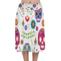 Mexican Floral With Skull Seamless Pattern Velvet Flared Midi Skirt