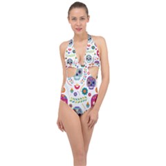 Mexican Floral With Skull Seamless Pattern Halter Front Plunge Swimsuit by Grandong