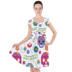 Mexican Floral With Skull Seamless Pattern Cap Sleeve Midi Dress With Pockets by Grandong