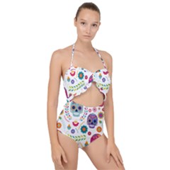 Mexican Floral With Skull Seamless Pattern Scallop Top Cut Out Swimsuit by Grandong