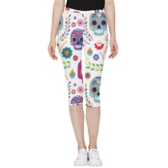 Mexican Floral With Skull Seamless Pattern Inside Out Lightweight Velour Capri Leggings  by Grandong