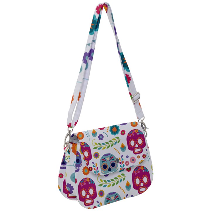 Mexican Floral With Skull Seamless Pattern Saddle Handbag