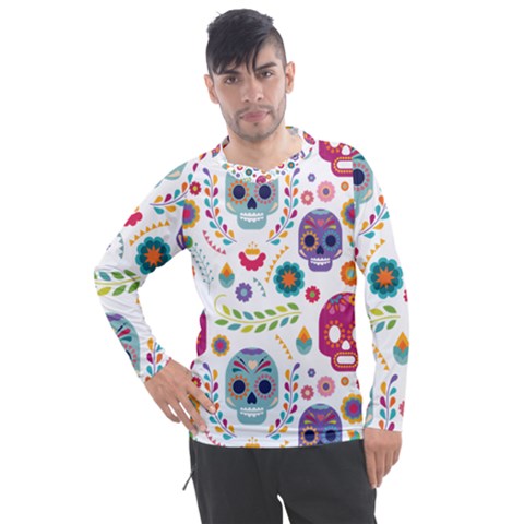 Mexican Floral With Skull Seamless Pattern Men s Pique Long Sleeve T-shirt by Grandong