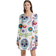 Mexican Floral With Skull Seamless Pattern Long Sleeve Velour Skater Dress by Grandong