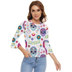 Mexican Floral With Skull Seamless Pattern Bell Sleeve Top