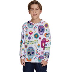 Mexican Floral With Skull Seamless Pattern Kids  Crewneck Sweatshirt