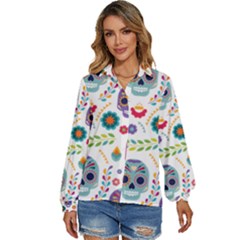 Mexican Floral With Skull Seamless Pattern Women s Long Sleeve Button Up Shirt