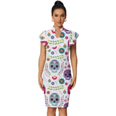 Mexican Floral With Skull Seamless Pattern Vintage Frill Sleeve V-neck Bodycon Dress by Grandong