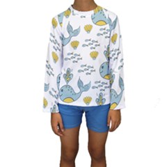 Whale Cartoon Whale Seamless Cartoon Character Animals Leaf Kids  Long Sleeve Swimwear by Grandong