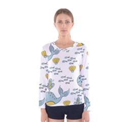 Whale Cartoon Whale Seamless Cartoon Character Animals Leaf Women s Long Sleeve T-shirt