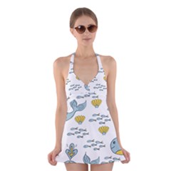 Whale Cartoon Whale Seamless Cartoon Character Animals Leaf Halter Dress Swimsuit  by Grandong